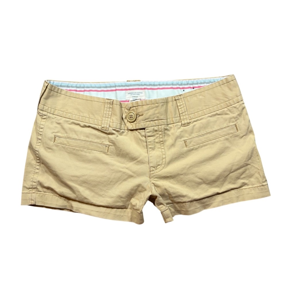 Y2K Low Rise Cute American Eagle Khaki Chino Shorts Tan Stretch Mini Shorts